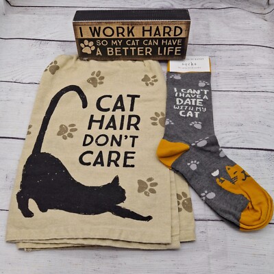 Cat Lover Gift Bundle Set, Funny Sign, Kitchen Towel, Socks, New PBK2