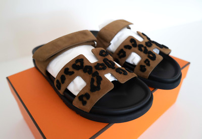 Hermès Chypre Leopard Sandals Size 38 | New w/ Box Dust Bag | Brun Fumé / Noire