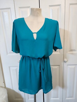 NWT Women's Three Eighty Two Teal Short Sleeve Tie Waist Lined Tunic Top 