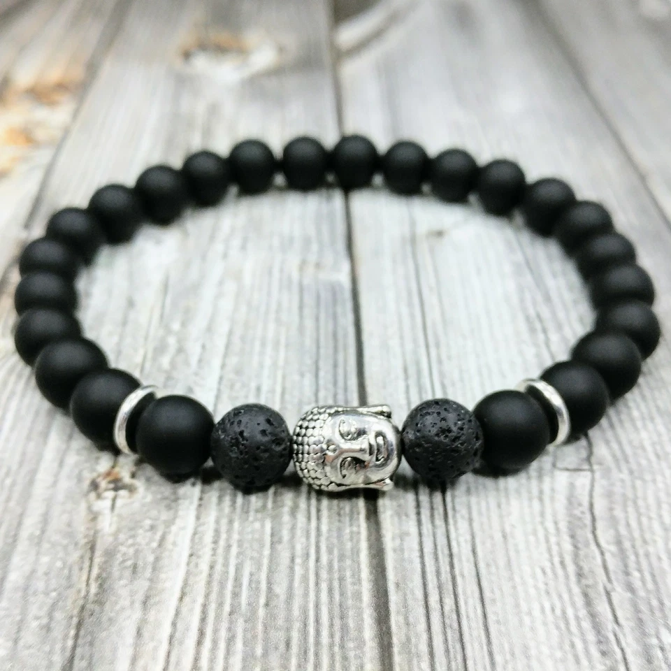 Pulsera de hombre con cuentas de piedras preciosas de lava + ónix 8 mm Buda Zen artesanal de plata 8" L Foto 4 de 4