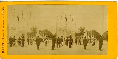 FOTO Stereoansicht, PARIS UNIVERSAL EXPO 1900 Eingang auf der Seite der Champs Elysées