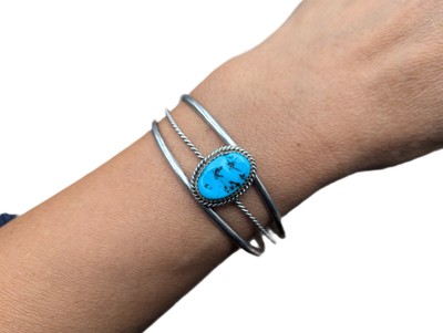 Handmade Navajo Kingman Turquoise Tri-Split Cuff Bracelet Signed Jewelry Sz 7 **