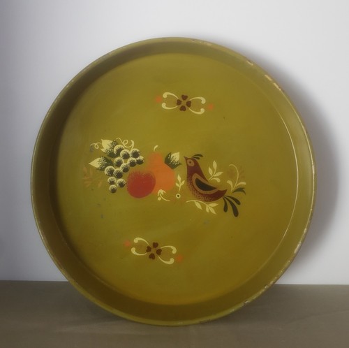 Vintage Decorated Ware Metal Round Serving Tray Hand Stensiled 