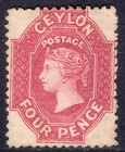CEYLON 1867-70 QV 4d rose-carmine wmk short Crown CC p12½ un., SG 65b cat £95