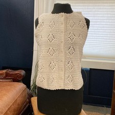 Handknit Ivory Crochet Button Front Vest Sweet 