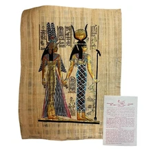 Authentic Isis & Hathor Hieroglyph Hand Painted And Signed Egyptian Papyrus Art