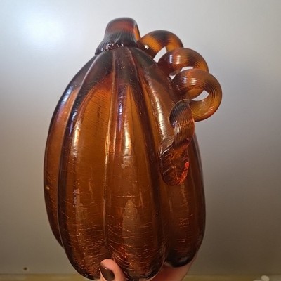 Hand Blown Glass Pumpkin Dark Amber Crackle Glass Applied Stem Fall Harvest 