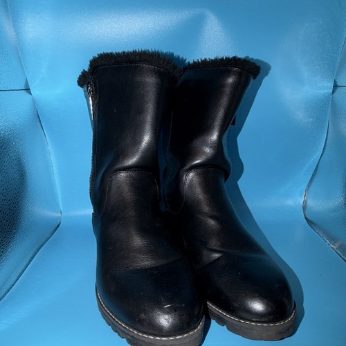 Nautica Women’s Black Leather Mid-Calf Boots Round Toe Zip Faux Fur Lined 9
