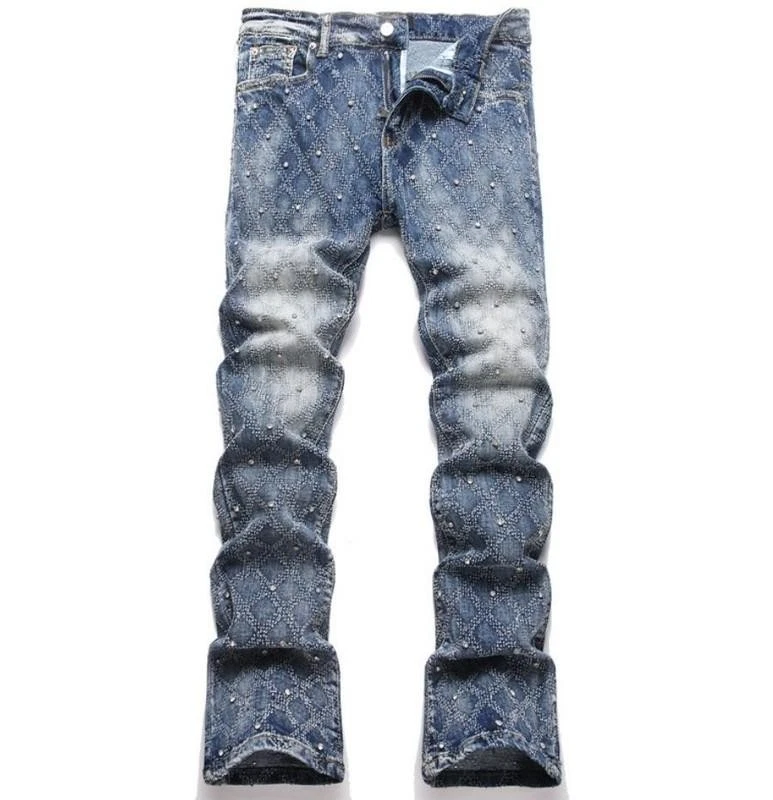 Men's Blue Denim Jeans Straight Leg Studded Stretch Pants Punk Hip Hop Trousers