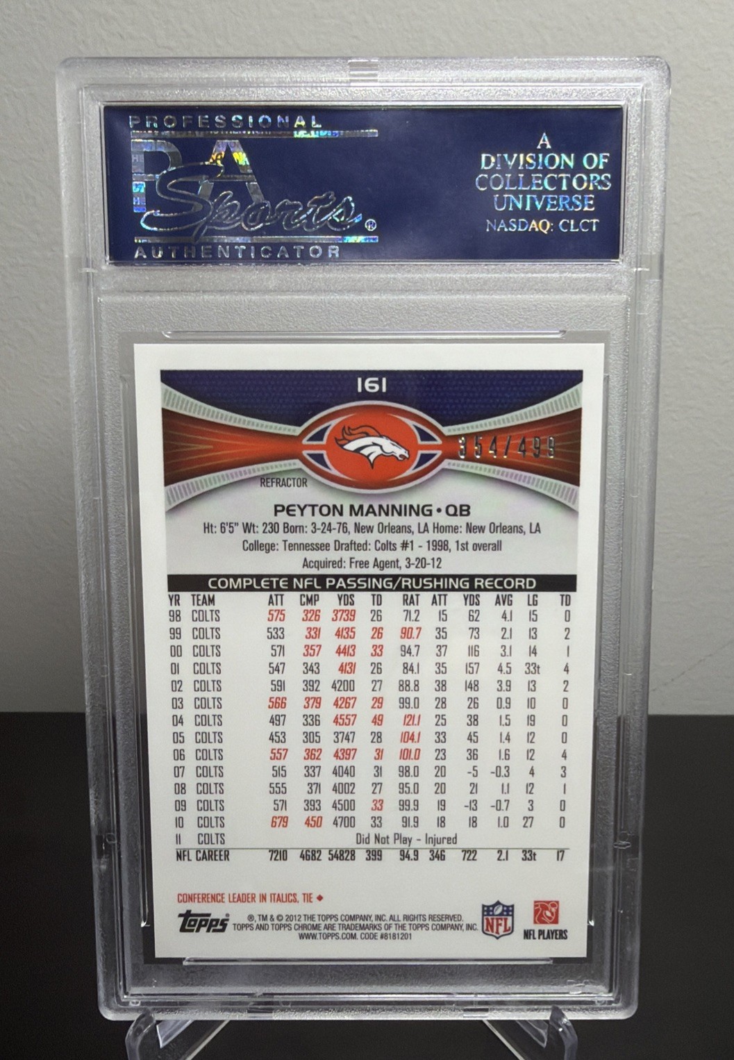 PEYTON MANNING 2012 TOPPS CHROME 161 CAMOUFLAGE REFRACTOR #d/499 PSA 9 MINT HOF view 2