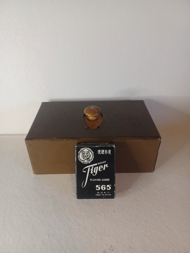 Vintage Wooden Poker Chip Holder With A NOS Deck Of Tiger Playing Cards.