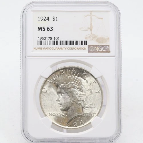 1924 Peace Dollar MS63 NGC 90% Silver Philadelphia