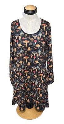 Yak & Yeti Dress Shift Size Large Artsy Mushroom Print Knit Boho Pockets Casual