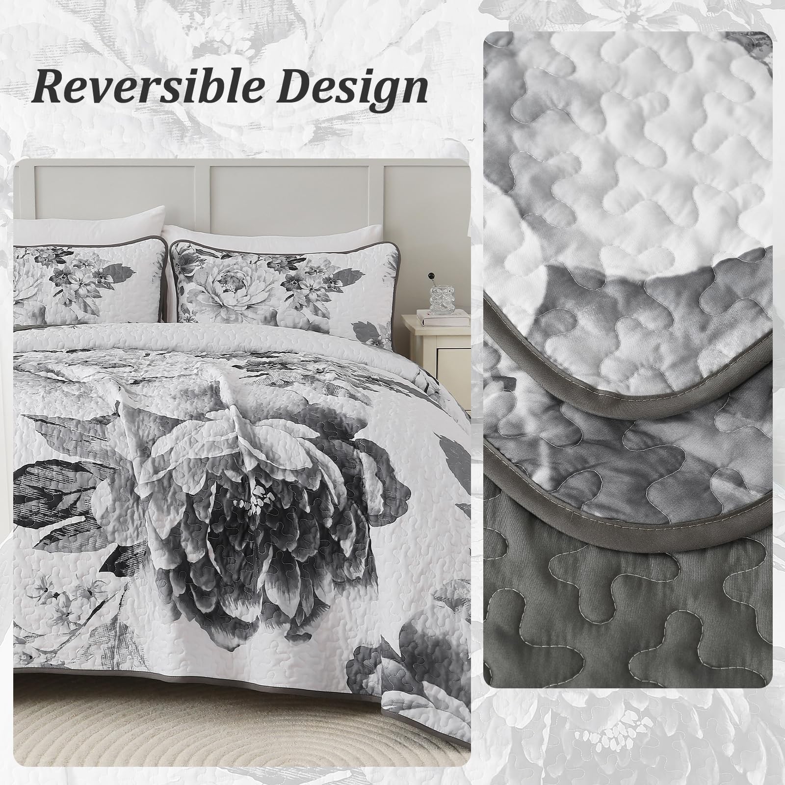 Grey Boho Floral Quilt Set King, 3 Pieces Elegant Gray Flower Bedspread Cover