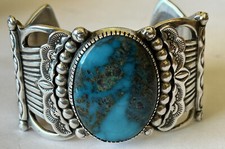 Signed Navajo Sterling Silver Battle Mountain Turquoise Cuff Bracelet