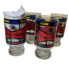 Budweiser Vintage Anheuser Busch RETRO Stained Glass Drinking Glasses (4)