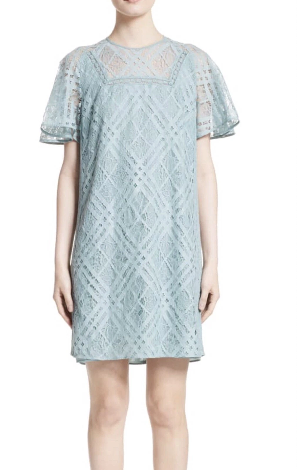 Abito Burberry Keri nuovo con etichette floreale quadri pizzo blu stato pallido manica corta taglia US 2