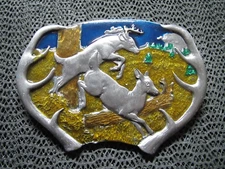 JUMPING DEER BELT BUCKLE! VINTAGE! RARE! BERGAMOT BRASS WORKS! 1977! USA! ANTLER