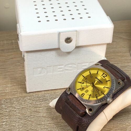 Diesel DZ-1213 Cuff Wide Brown Leather Band Mens Yellow Dial Quartz Watch - Picture 1 of 12