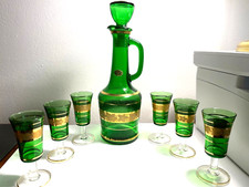 MCM Made in Italy Green Glass Decanter w/Handle  6 Cordials Gold Trim