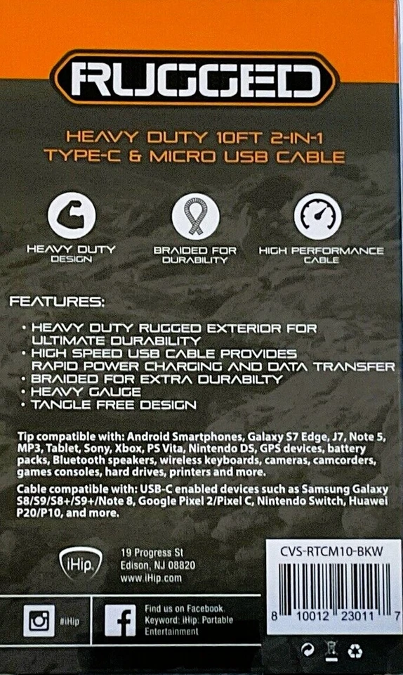 iHip Rugged 2-in-1 Braided 10 Ft USB Type C & Micro USB Cable - Image 2 of 2