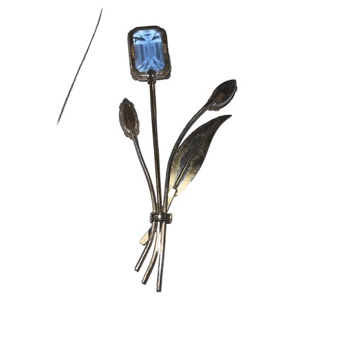 Huge Vintage CORO Vermeil Sterling Silver Blue Faux Topaz Floral Pin Brooch - Picture 3 of 6