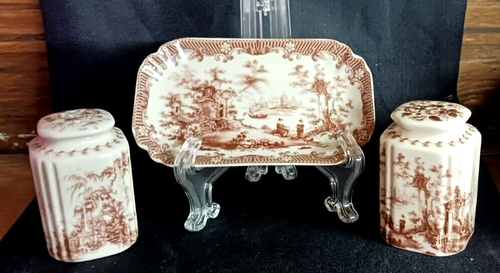 Red Transferware Square Salt & Pepper Shakers Tray Victorian Porcelain Castle - Picture 2 of 7