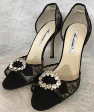 Brian Atwood Shoe Black Peep Toe Lace Rhinestone Clasp Satin HeelNew Size 37 1/2