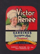 Ancienne étiquette de boîte de Sardine Etats Unis BN153336 Victor Renée