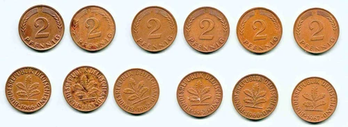 BW04 circulation coins Germany 2 Pfennig copper 6 different