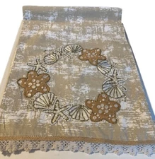 Coastal Collection Beaded Gold Beige Fabric Table Runner StarFish Shells 16x92”
