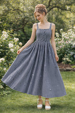 TCEC Maxi Dress Women Sz M Black White Gingham Romantic Cottagecore Lined