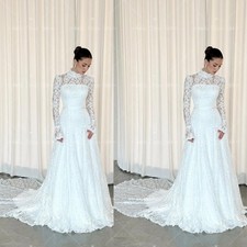 Wedding Dresses with Sweep Train High Neck Long Sleeve Lace Applique Bridal Gown