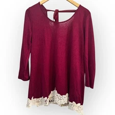 Women's Charming Charlie Crochet Lace Semi-Sheer 3/4 Sleeve Top, Size Small Navy