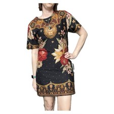 Farm Rio Floral Tropical Short Sleeve T-Shirt Mini Dress Black Medium