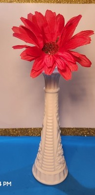 Anchor Hocking Stars & Bars Milk Glass Bud Vase White 9  Tall MCM Scalloped Rim