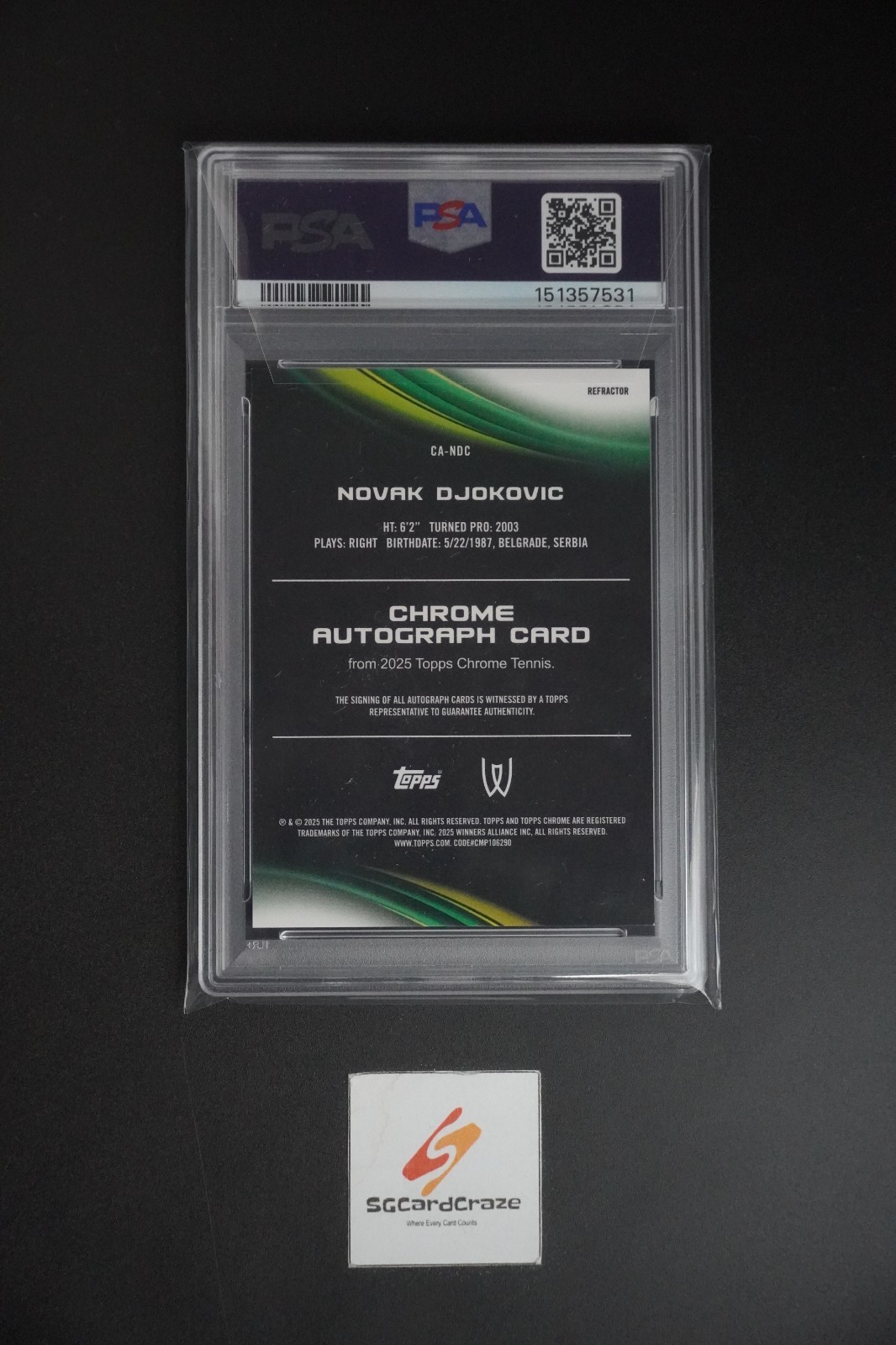 2025 Topps Chrome Tennis Chrome Autograph Refractor NOVAK DJOKOVIC /99 PSA 9 view 2