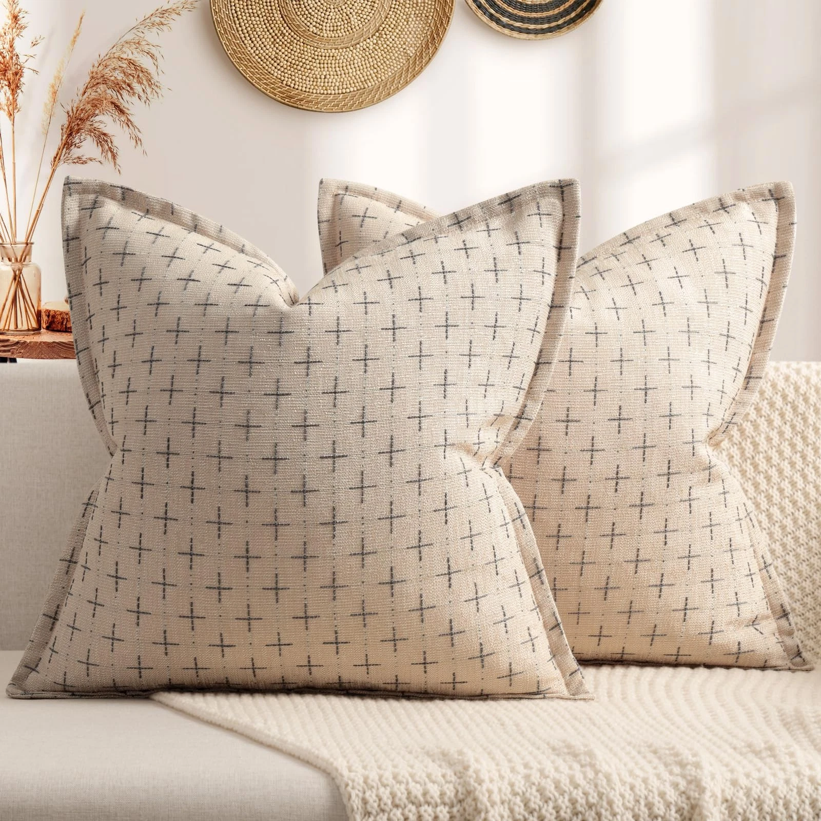 Pillow Covers 18x18 Set of 2 Soft Polyester Textured Pillow Covers with Styli...