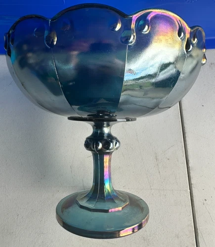 Indiana Blue Iridescent Carnival Glass Compote Fruit Pedestal Bowl ~ Vintage