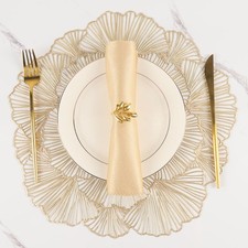 Round Placemats Pressed Vinyl Metallic Flower Place 6 PCS, Ginkgo Leaf Gold