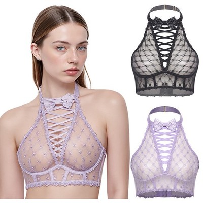 Sexy Womens Hollow Out Bra Top Halter No-pad See Through Mesh Bralette  Clubwear