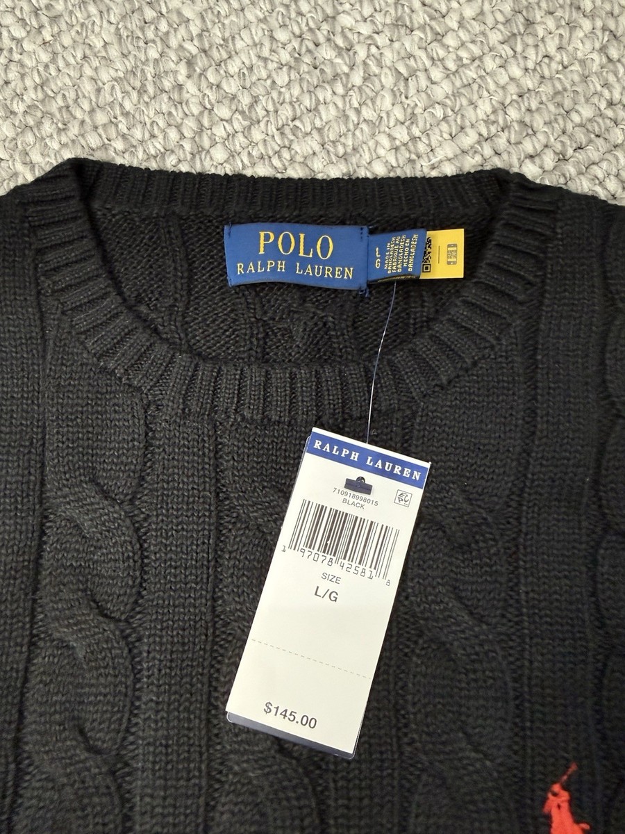 NWT Polo Ralph Lauren Black Men's Large Cable Knit Crew-Neck