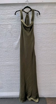 New Betsy Adam Shannon Halter Neck Tie Floor Length Dress Olive Sz 4