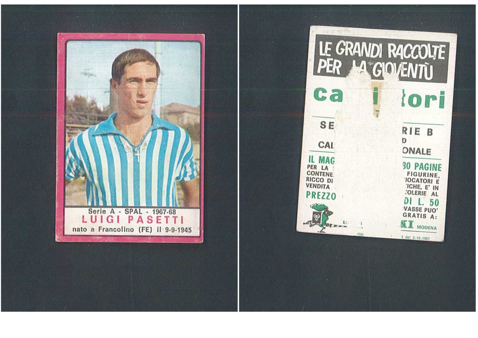 Figurina Calciatori Panini 1967-68 Luigi Pasetti (Spal) Ottima Rec. ▓