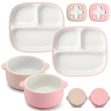 4 Pcs Square Porcelain Kid Plate and Bowl Set with Suction, 2 Ceramic Divided...