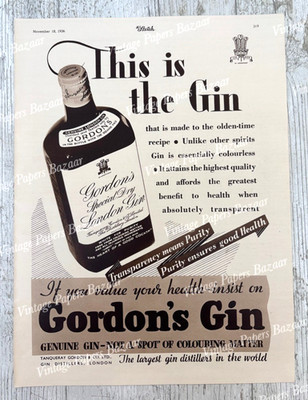 Gordon's Gin Special Dry Tanqueray Gordon London 1936 Vintage Großdruck Werbung
