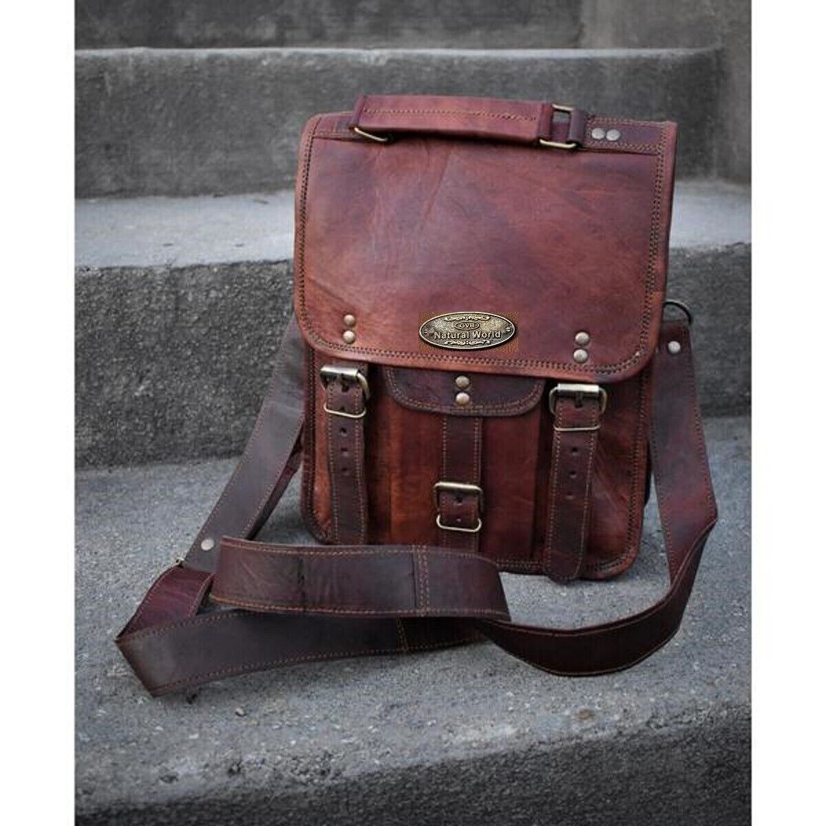 Men's Vintage Leather Messenger Laptop Briefcase Satchel Bag Pocket in Front