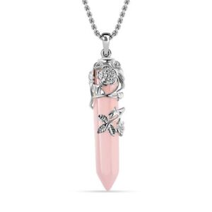 Rose Quartz Pointer Necklace Flower Wrapped Crystal Jewelry Chain Size 24