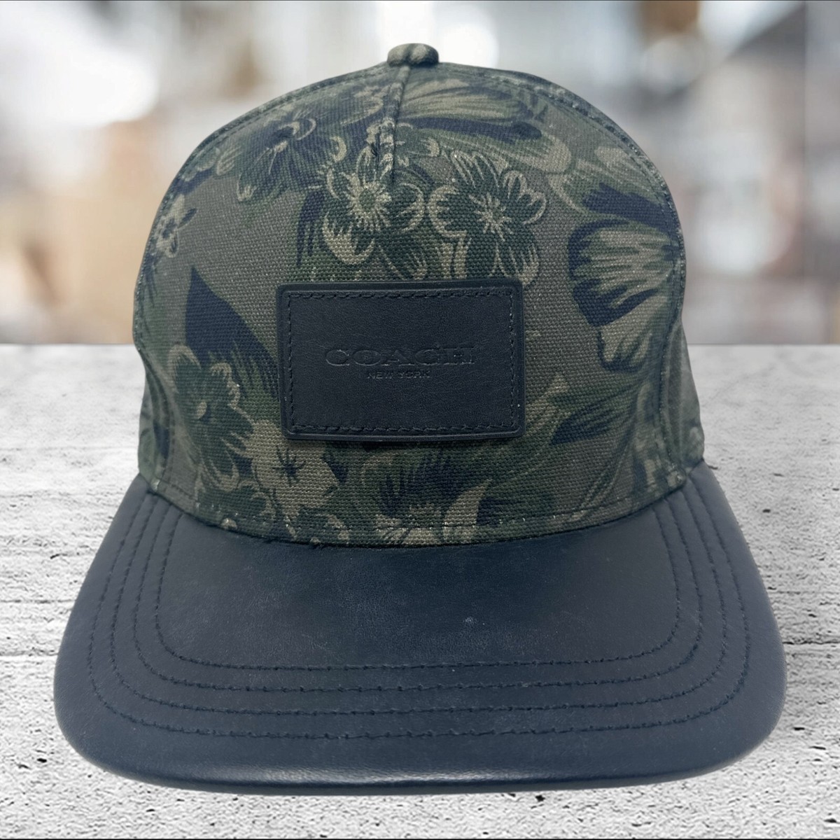 COACH Signature Flat Brim Cap Blend Leather Brim Hat Hawaiian flower Unisex