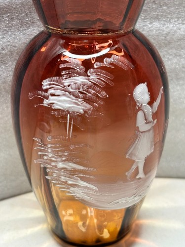 Antique Amberina Paneled Optic Glass Vase Mary Gregory Girl Birds - Picture 4 of 7